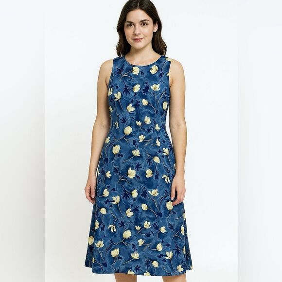 Vintage Byer Studio Sleeveless Floral Blue Maxi Dress Yellow Flowers Crewneck - Picture 1 of 11